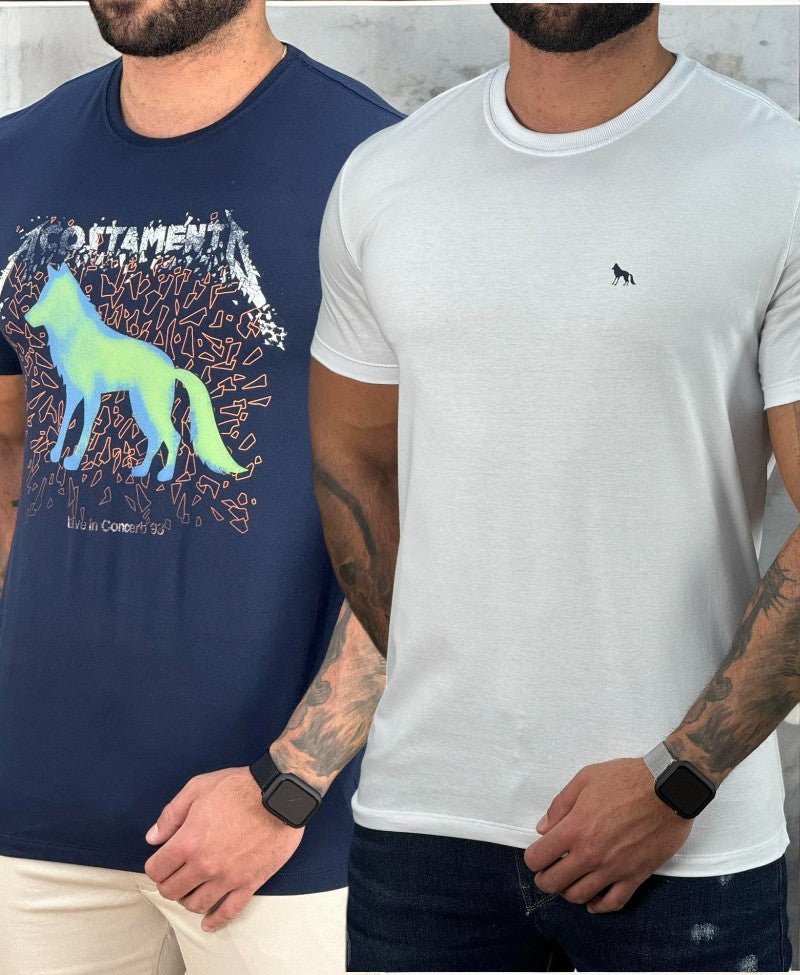 Kit 2 Camiseta Branca e Azul Escuro Masculino Básica - Acostamento