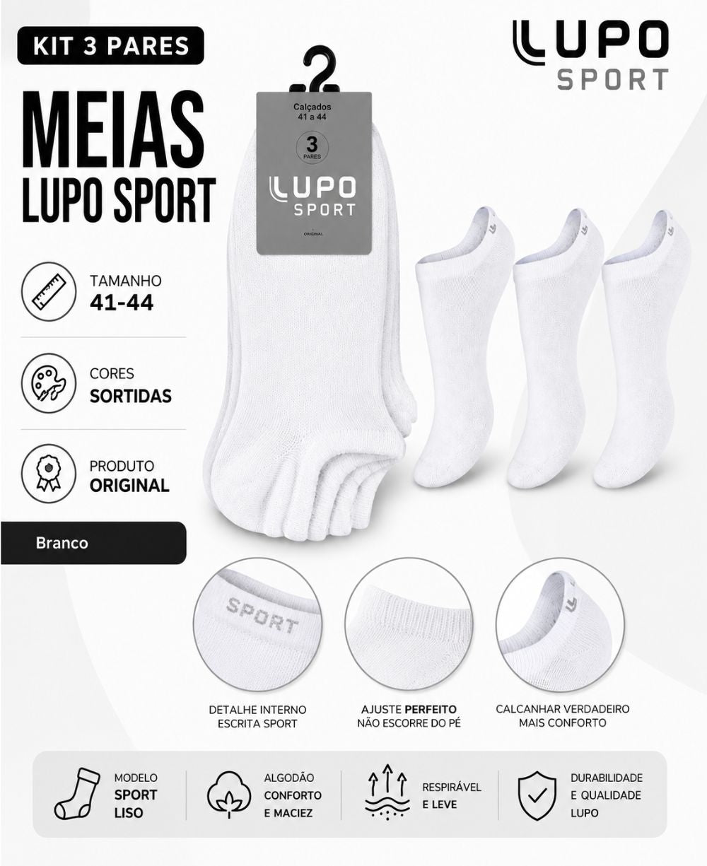 Kit 3 Pares de Meias Branca Sport Cano Curto - Lupo