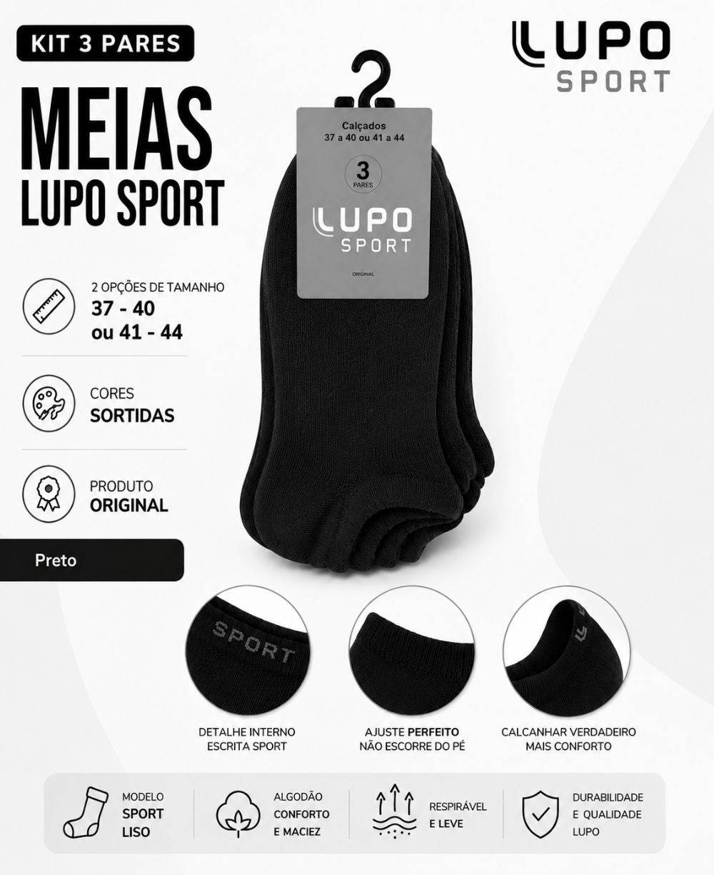 Kit 3 Pares Meia Preta Sport Cano Curto - Lupo
