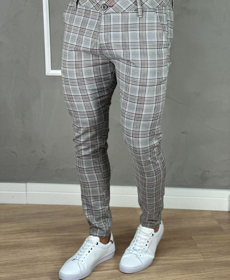 Calça Alfaiataria Cinza Xadrez Masculina Super Skinny - Paladho´s Jeans