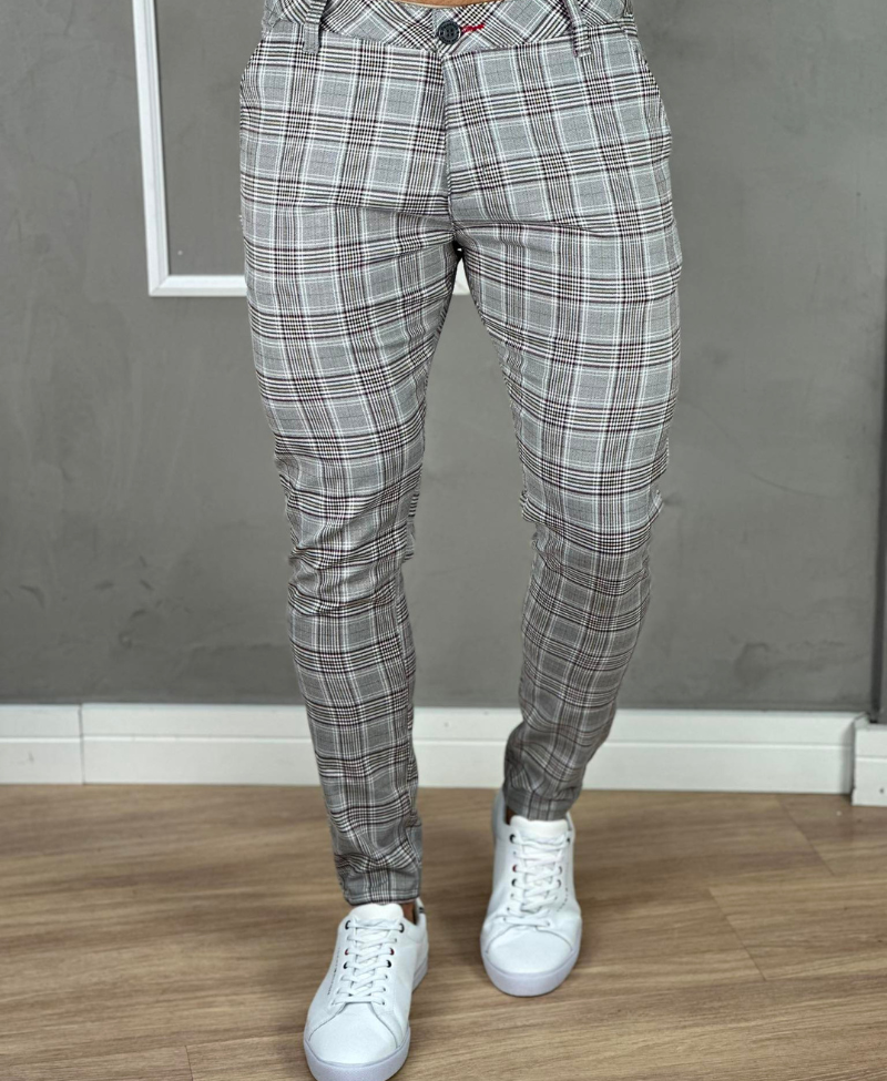 Calça Alfaiataria Cinza Xadrez Masculina Super Skinny - Paladho´s Jeans