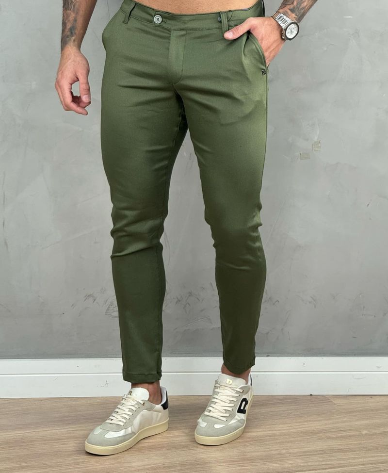 Calça Alfaiataria Verde Militar Masculina Skinny - Per Pochi