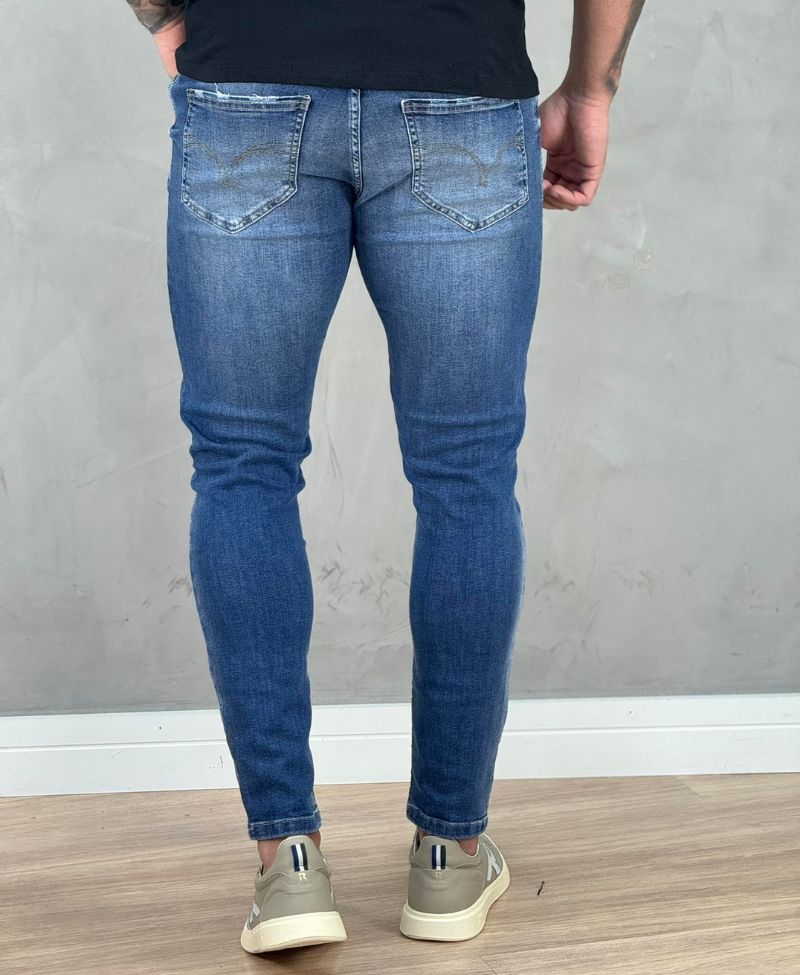 Calça Jeans Médio Masculina Skinny Com Rasgo  - Visual Jeans