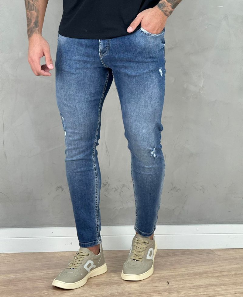 Calça Jeans Médio Masculina Skinny Com Rasgo  - Visual Jeans