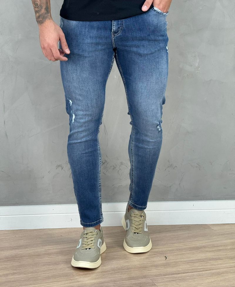 Calça Jeans Médio Masculina Skinny Com Rasgo  - Visual Jeans