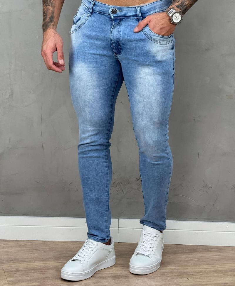 Calça Jeans Médio Mescla Masculina Super Skinny - Rota 77