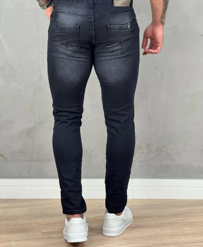 Kit 2 Calças Jeans Estonado e Preto Mescla  Masculino Skinny - Rota 77