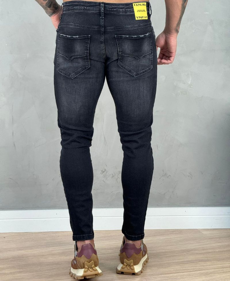 Calça Jeans Preto Estonado Masculina Skinny Lisa  - Visual Jeans
