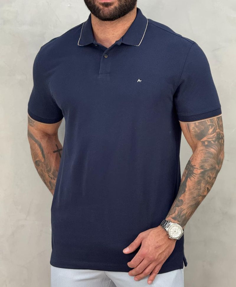 Camisa Polo Azul Escuro Masculina Frisos Inetrno - Aramis