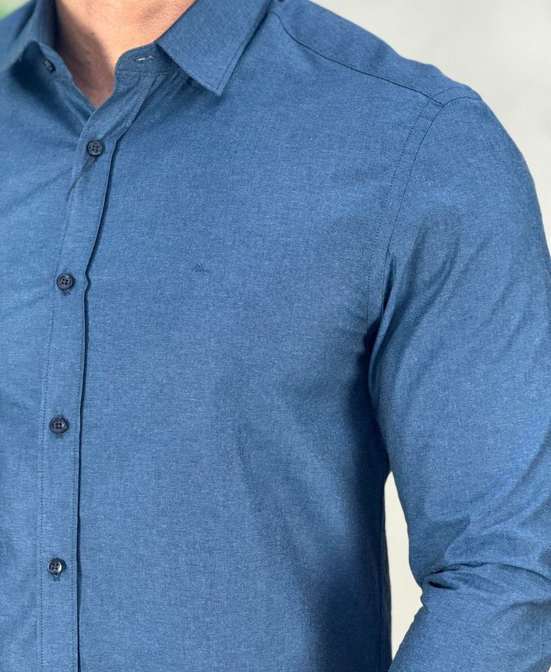 Camisa Azul Mescla Manga Longa Masculina Slim Tricoline - Aramis