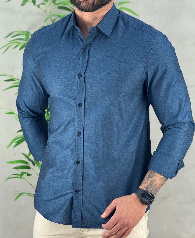 Camisa Azul Mescla Manga Longa Masculina Slim Tricoline - Aramis