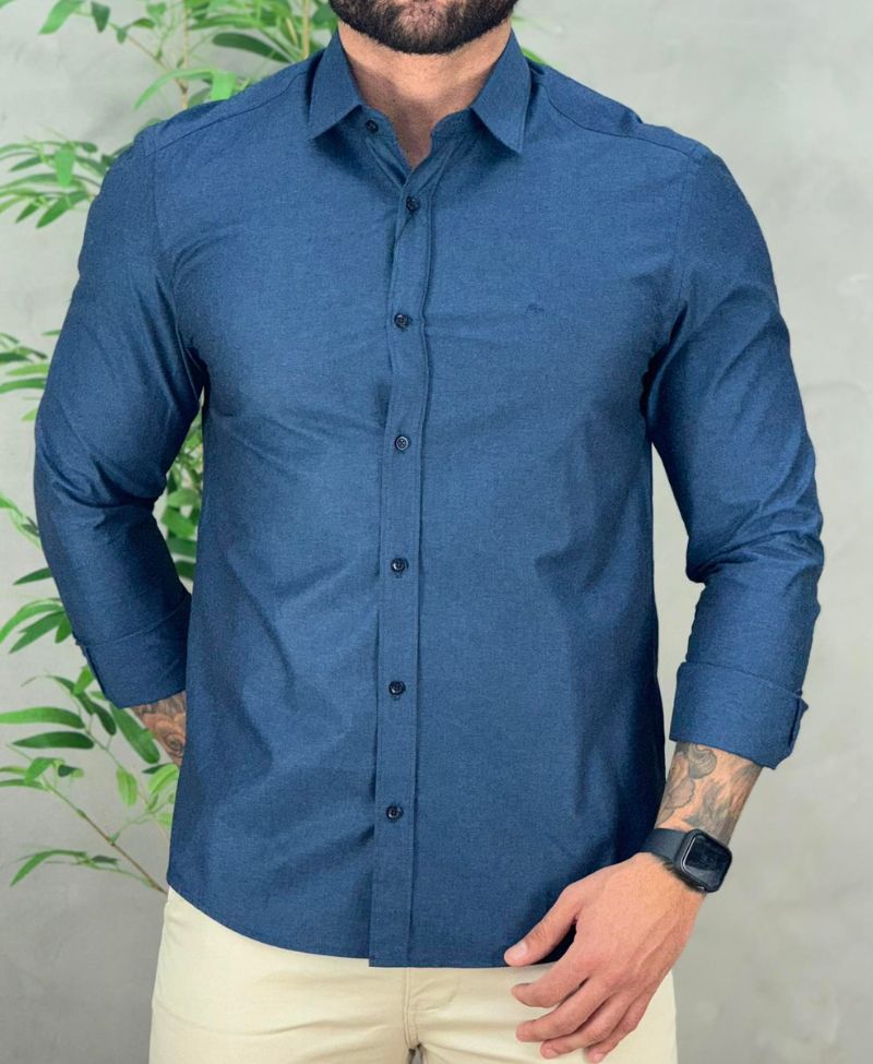 Camisa Azul Mescla Manga Longa Masculina Slim Tricoline - Aramis