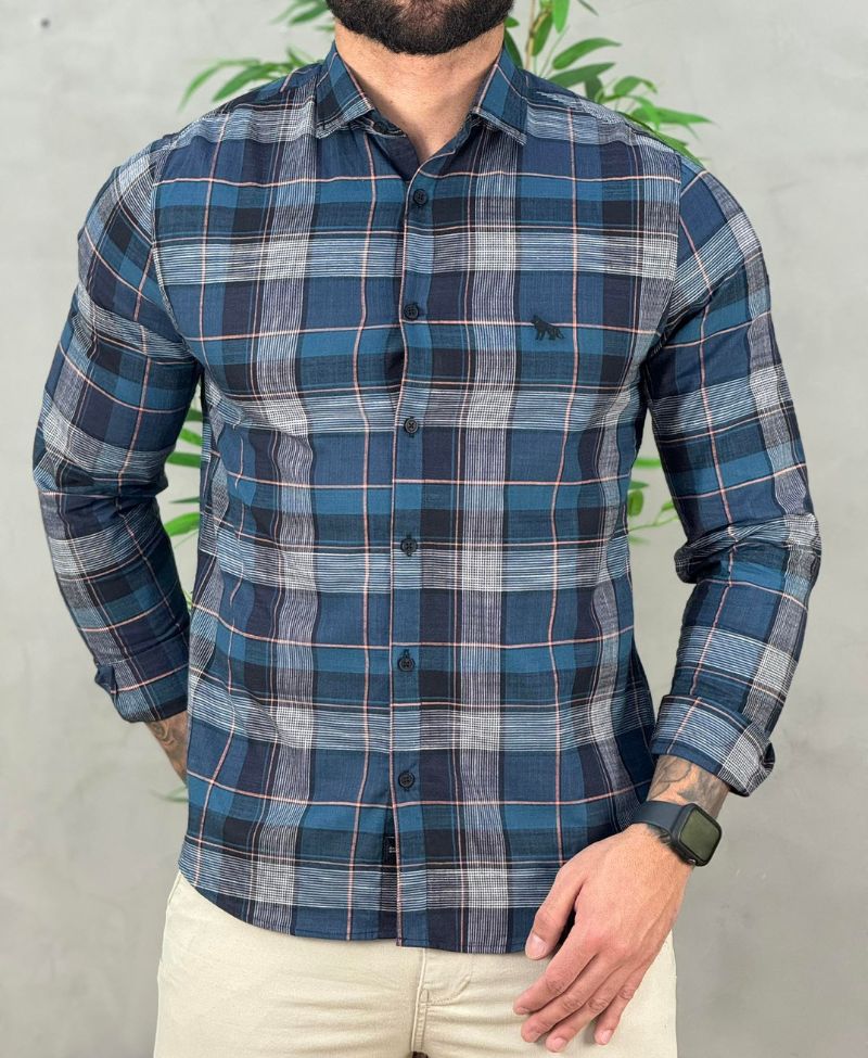 Camisa Casual Azul Xadrez Masculina ML - Acostamento