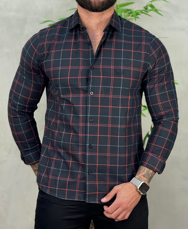 Camisa Casual Preta Xadrez Masculina ML - Acostamento