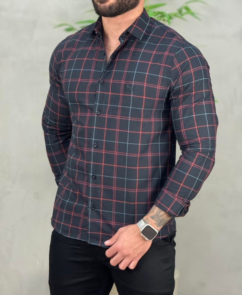 Camisa Casual Preta Xadrez Masculina ML - Acostamento