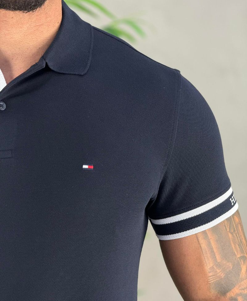 Camisa Polo Azul Marinho Masculina Básica Logo Punho - Tommy Hilfiger