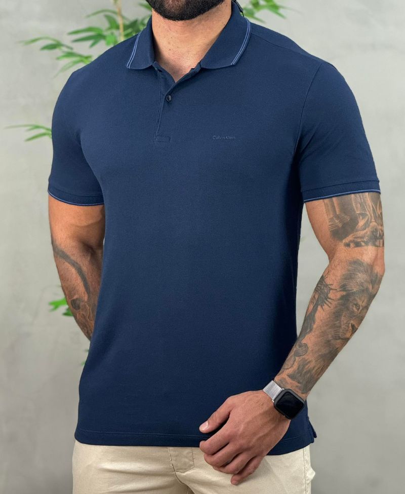 Camisa Polo Azul Marinho Masculina Com Friso - Calvin Klein