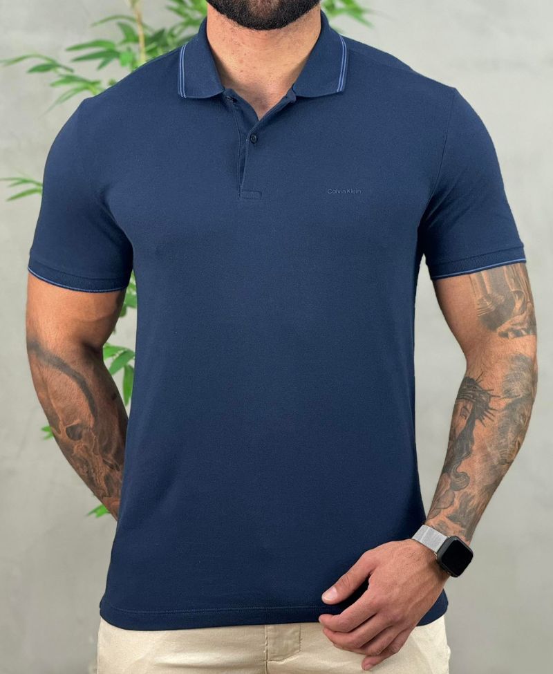 Camisa Polo Azul Marinho Masculina Com Friso - Calvin Klein