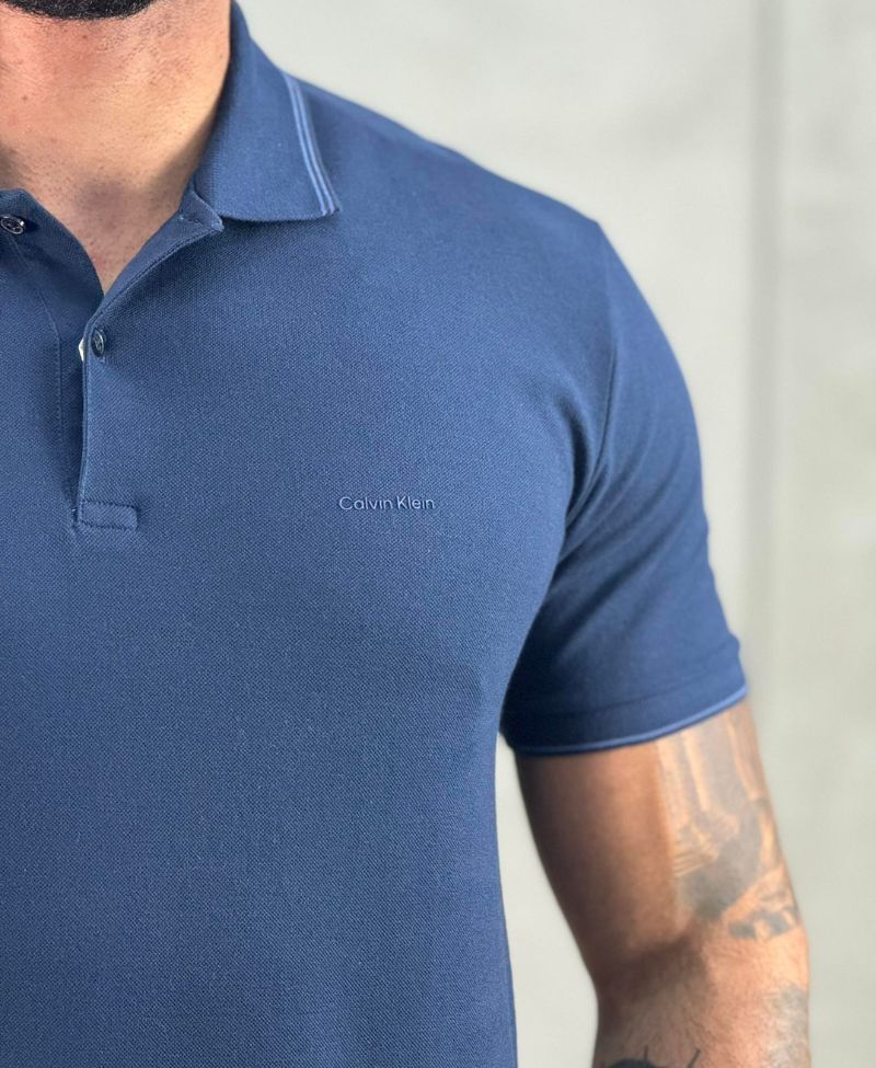 Camisa Polo Azul Marinho Masculina Com Friso - Calvin Klein