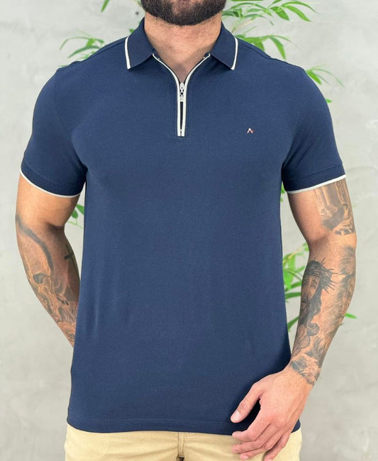 Camisa Polo Azul Marinho Masculina Com Zíper - Aramis