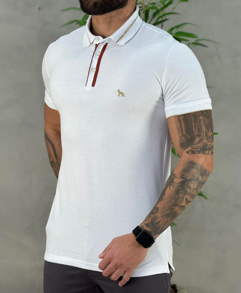 Camisa Polo Branca Masculina Gola Escrita - Acostamento