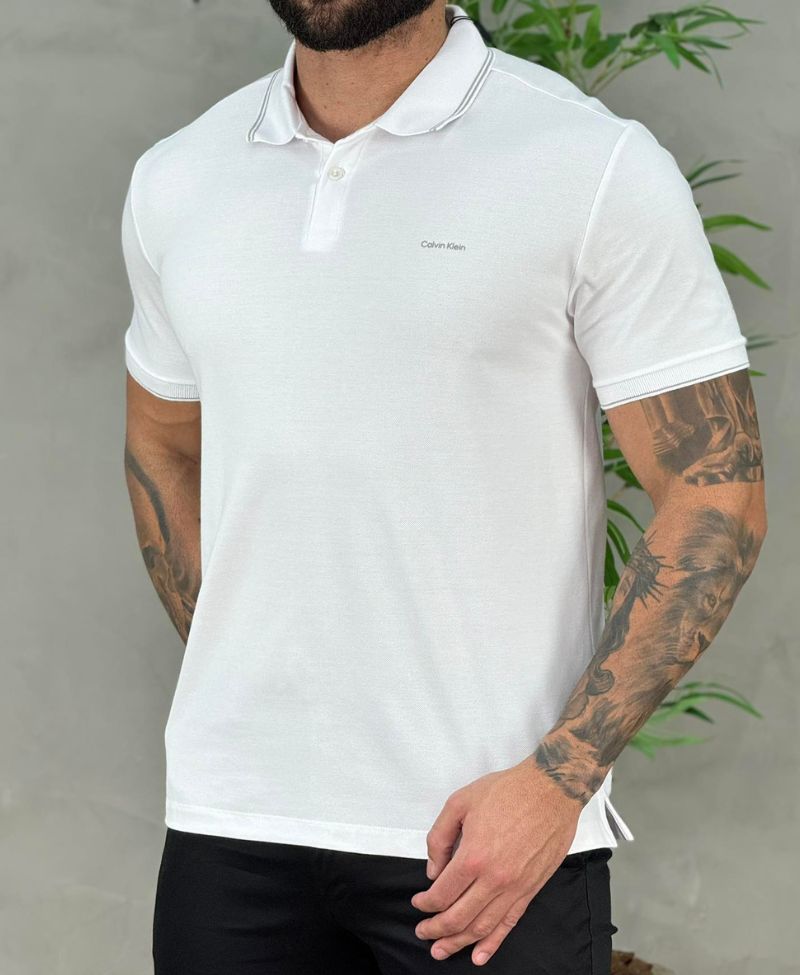 Camisa Polo Branca Masculina Regular Com Friso - Calvin Klein