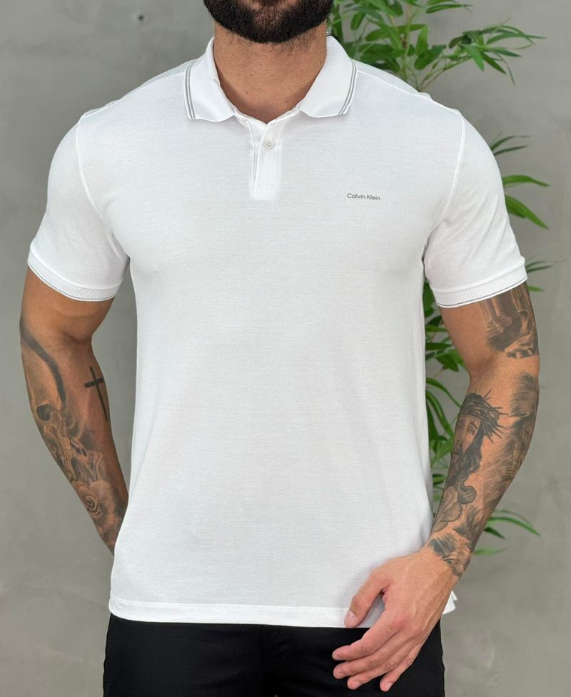 Camisa Polo Branca Masculina Regular Com Friso - Calvin Klein