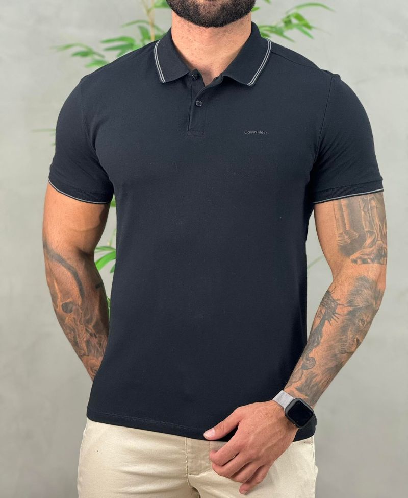 Camisa Polo Preta Masculina Com Friso - Calvin Klein