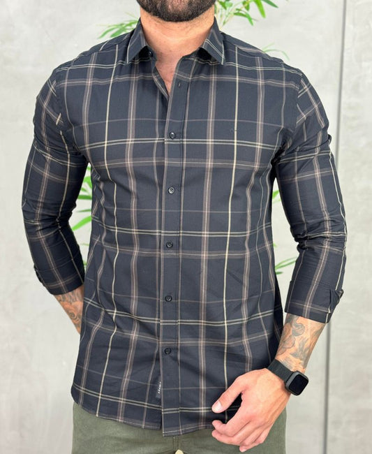 Camisa Preta Xadrez Manga Longa Masculina Slim - Aramis