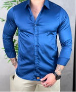Camisa Social Azul Masculina Básica Acetinada - Paladho's Jeans Wear