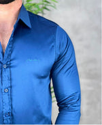 Camisa Social Azul Masculina Básica Acetinada - Paladho's Jeans Wear