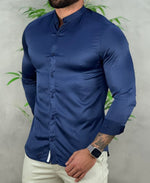 Camisa Social Azul Marinho Gola Padre Masculina Básica Acetinada - Per Pochi