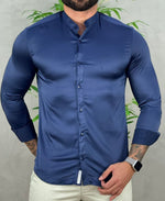 Camisa Social Azul Marinho Gola Padre Masculina Básica Acetinada - Per Pochi