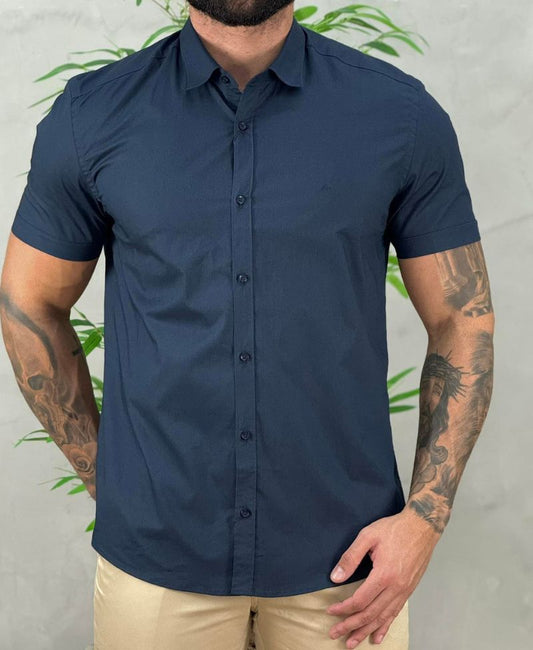 Camisa Social Azul Marinho Manga Curta Masculina Slim Stretch - Aramis