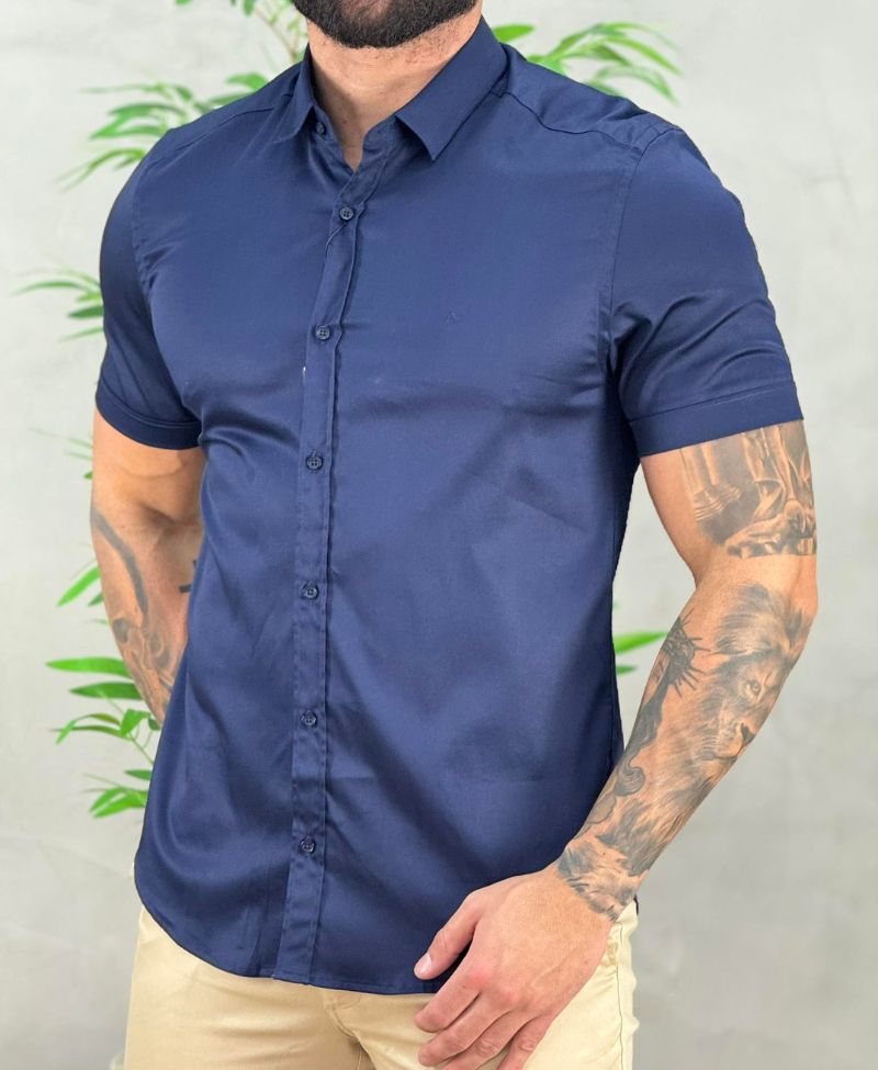 Camisa Social Azul Marinho Manga Curta Masculina Super Slim - Aramis