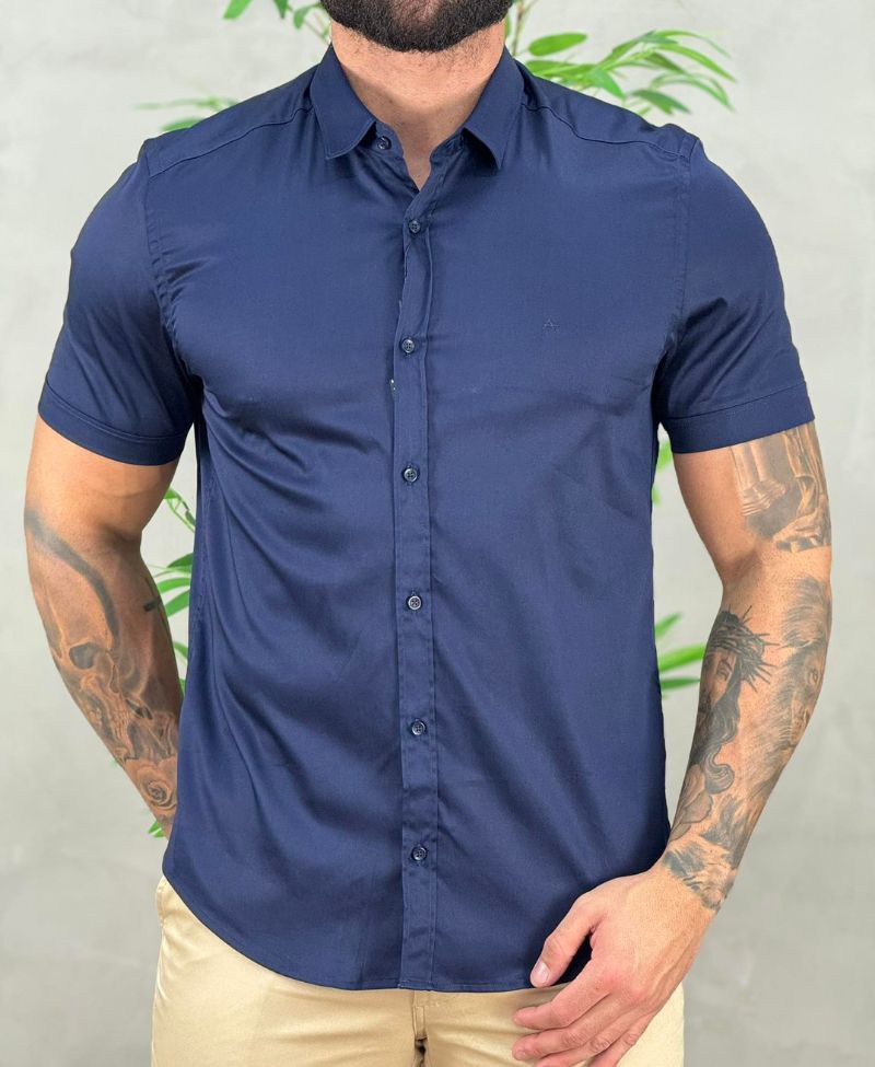 Camisa Social Azul Marinho Manga Curta Masculina Super Slim - Aramis