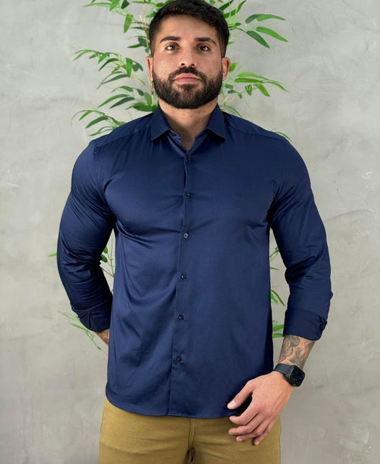 Camisa Social Azul Marinho Manga Longa Masculina Stretch - Aramis