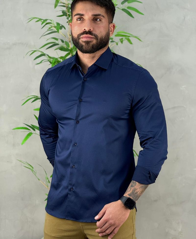 Camisa Social Azul Marinho Manga Longa Masculina Stretch - Aramis