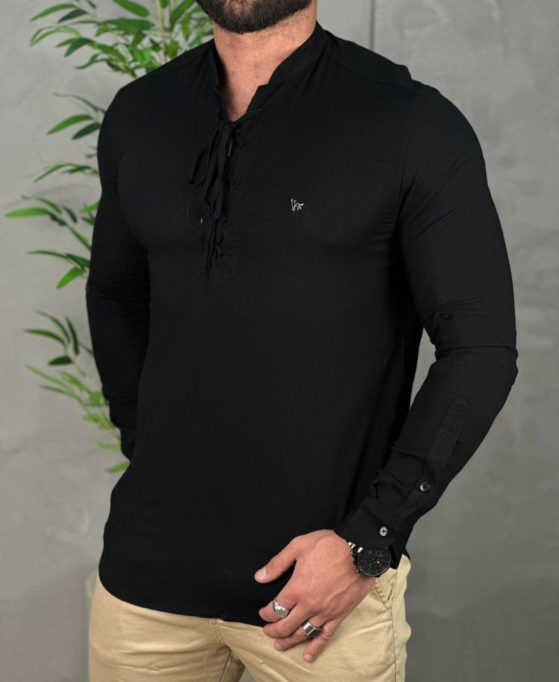 Camisa Preta Com Detalhe De Amarrar Masculino Lisa - Per Pochi