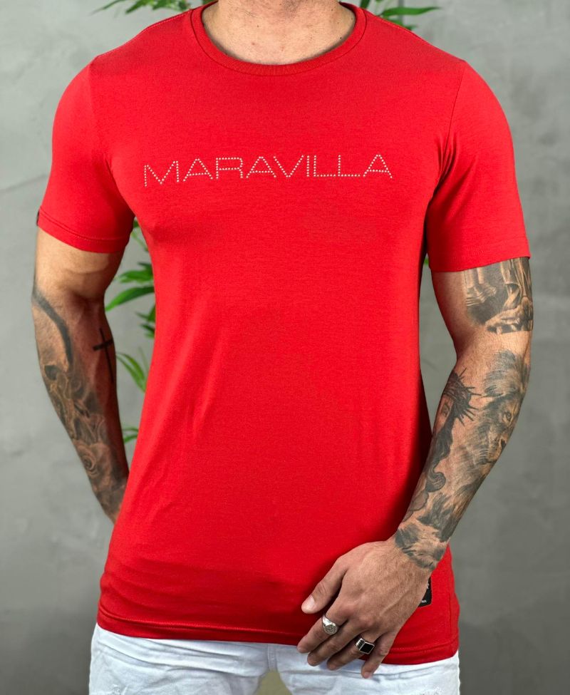 Camiseta Vermelha Masculina Com Strais No Peito - Maravilla