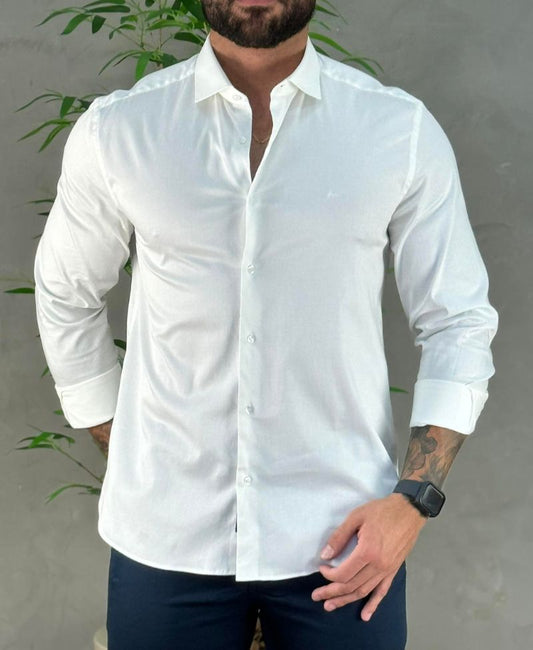 Camisa Social Branca Manga Longa Masculina Cetim Stretch - Aramis