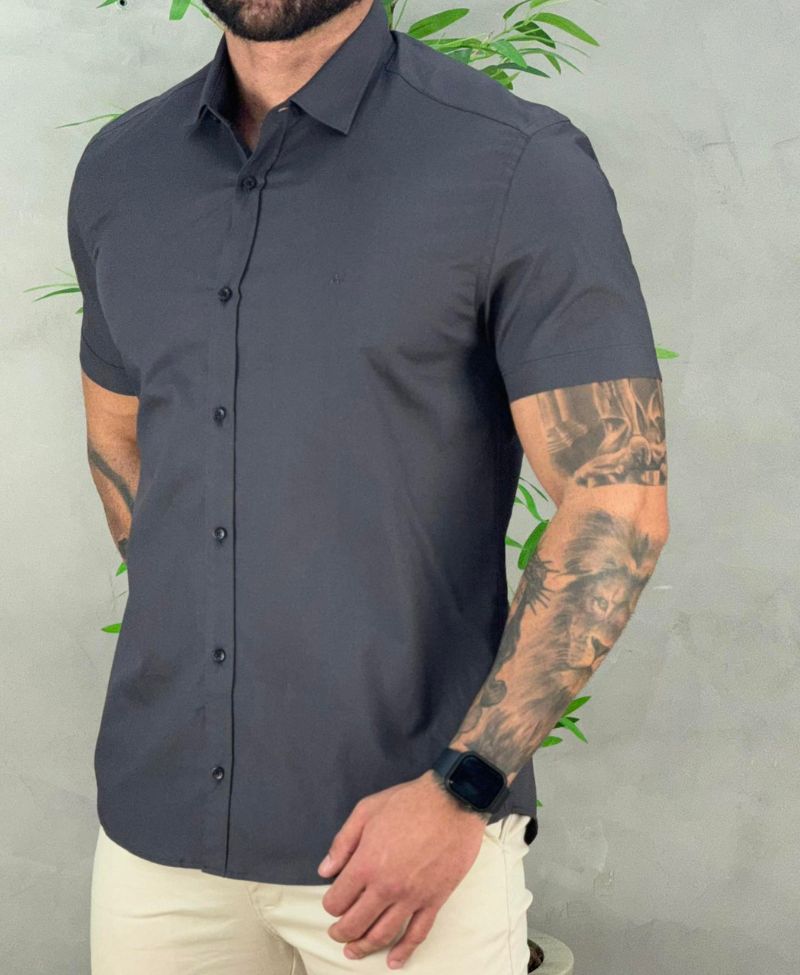 Camisa Social Chumbo Manga Curta Masculina Stretch - Aramis