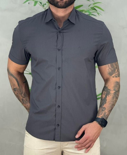 Camisa Social Chumbo Manga Curta Masculina Stretch - Aramis