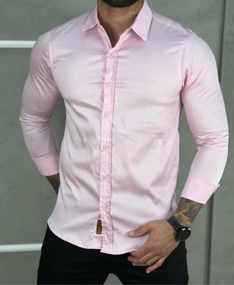 Camisa Social Rosa Bebe Masculina Básica Acetinada - Paladho's Jeans Wear