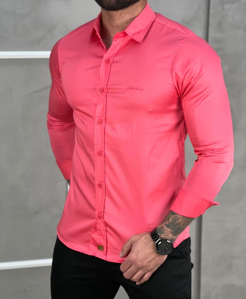 Camisa Social Rosa Masculina Básica Acetinada - Paladho's Jeans Wear