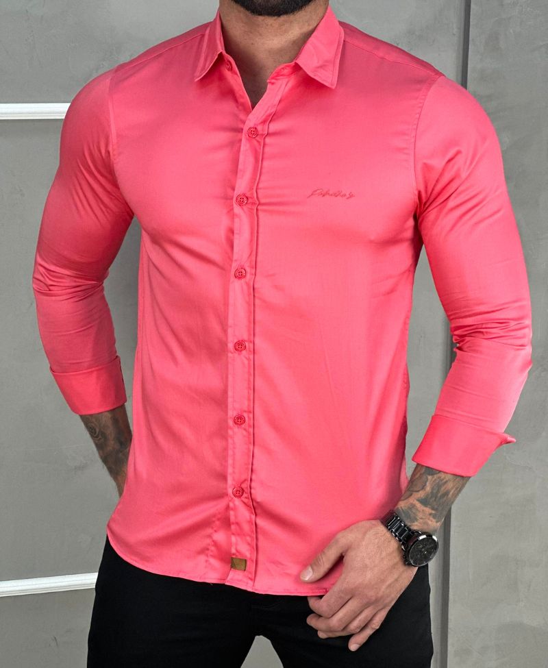Camisa Social Rosa Masculina Básica Acetinada - Paladho's Jeans Wear