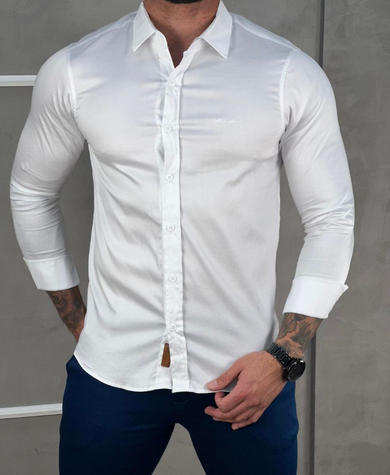 Camisa Social Branca Masculina Slim Básica Acetinada - Paladho's Jeans Wear