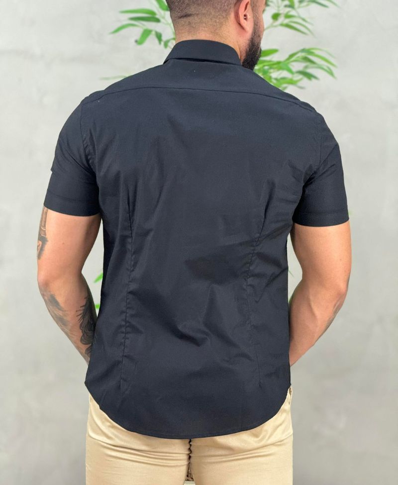 Camisa Social Preta Manga Curta Masculina Slim Stretch - Aramis
