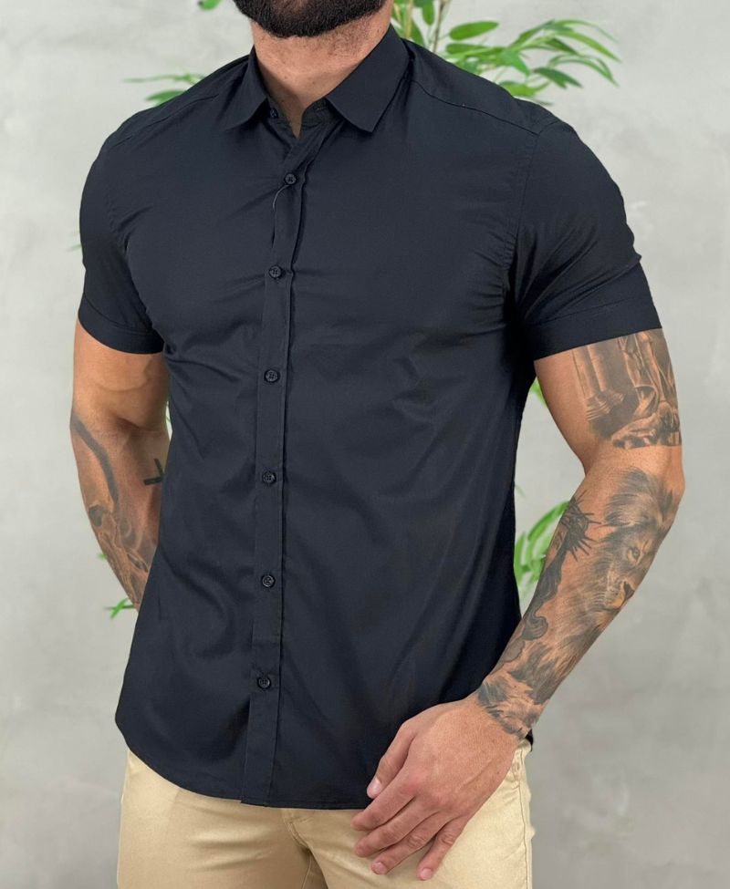 Camisa Social Preta Manga Curta Masculina Slim Stretch - Aramis