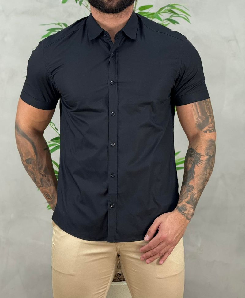 Camisa Social Preta Manga Curta Masculina Slim Stretch - Aramis